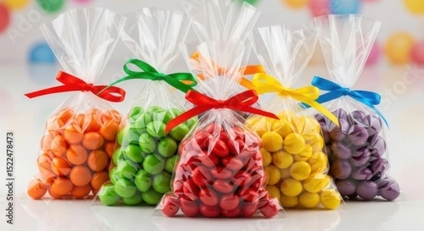 Obraz Colorful candy bags tied with ribbons symbolizing celebration and festivity