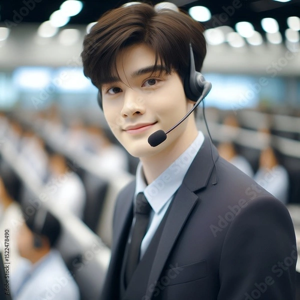 Fototapeta Smiling Asian Male Call Center Agent Wearing Headset in Modern Office for Customer Support and Communication Service Concept with Generative AI.