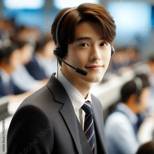 Fototapeta Smiling Asian Male Call Center Agent Wearing Headset in Modern Office for Customer Support and Communication Service Concept with Generative AI.