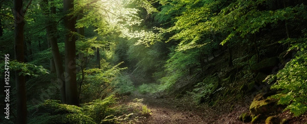 Fototapeta Panoramic woodland scenery with magical light. Dreamy painterly forest with softly illuminated tree branches shaping over a hiking path