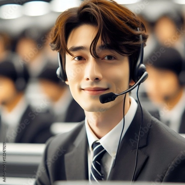 Fototapeta Smiling Asian Male Call Center Agent Wearing Headset in Modern Office for Customer Support and Communication Service Concept with Generative AI.