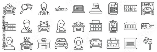 Fototapeta Dealership icons set. Set of vector line icons related to car dealerships, including buying, selling, financing, insurance, showrooms, and more