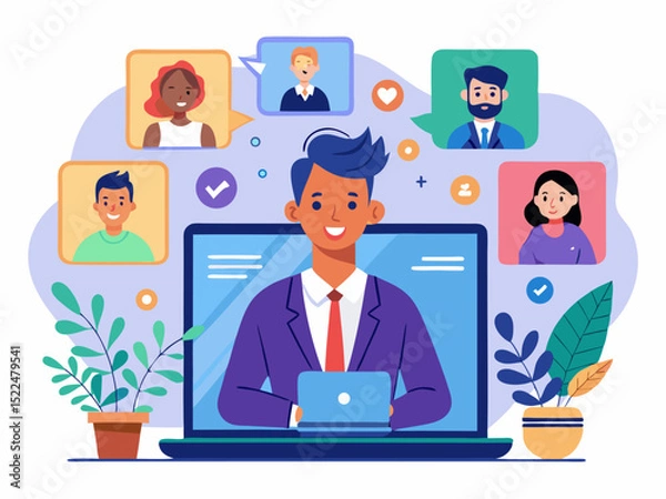 Fototapeta Flat illustration of businessperson attending online conference with laptop displaying chat conversation