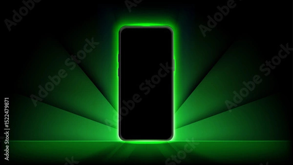 Fototapeta Smartphone Mockup with Green Glow Light Effect – Smartphone Screen Glow, Illuminating Mobile Display Designs for Banners, Wallpapers, and Luxury Vouchers, App Presentation and Technology Template