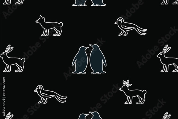 Fototapeta Seamless pattern animals background penguins rabbits deer dogs birds wildlife nature vector design art 100 editable stock vector illustration