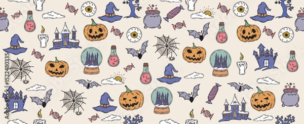 Fototapeta Halloween pattern with pumpkin, bat, hat, hand drawn illustrations	
