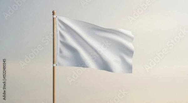 Obraz White flag on wooden pole symbolizing surrender peace or truce against a neutral background