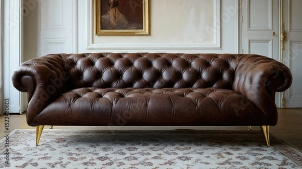 Fototapeta Retro-style leather sofa with button-tufted cushions and brass legs on a patterned rug in soft lighting