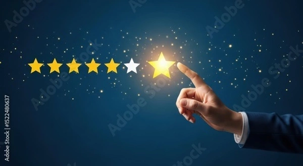 Obraz Hand reaching for a glowing star representing five star rating and customer satisfaction achievement
