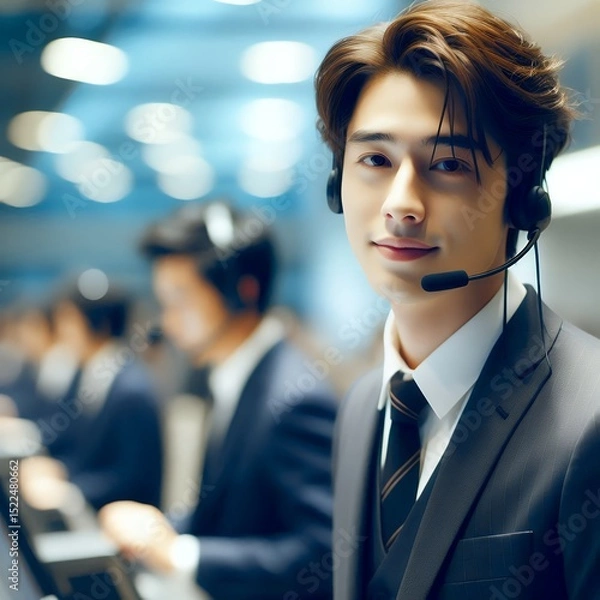 Fototapeta Smiling Asian Male Call Center Agent Wearing Headset in Modern Office for Customer Support and Communication Service Concept with Generative AI.