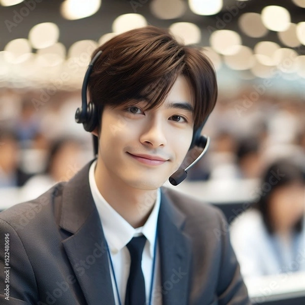 Fototapeta Smiling Asian Male Call Center Agent Wearing Headset in Modern Office for Customer Support and Communication Service Concept with Generative AI.