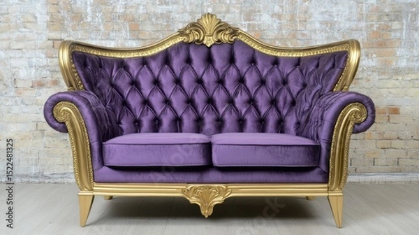 Fototapeta Victorian-style high-back settee with luxurious purple upholstery and gold trim