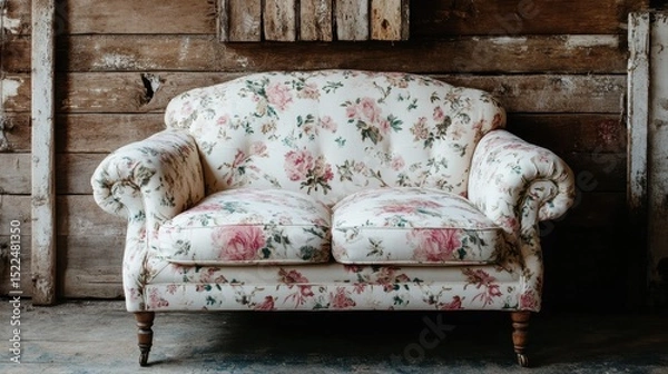 Fototapeta Vintage floral fabric sofa with elegant curves and short legs set in front of an aged wood wall