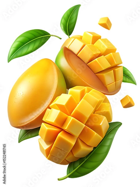 Obraz 3D Realistic Mango with Sliced Cubes and Leaves – Tropical Fruit Illustration on Transparent Background