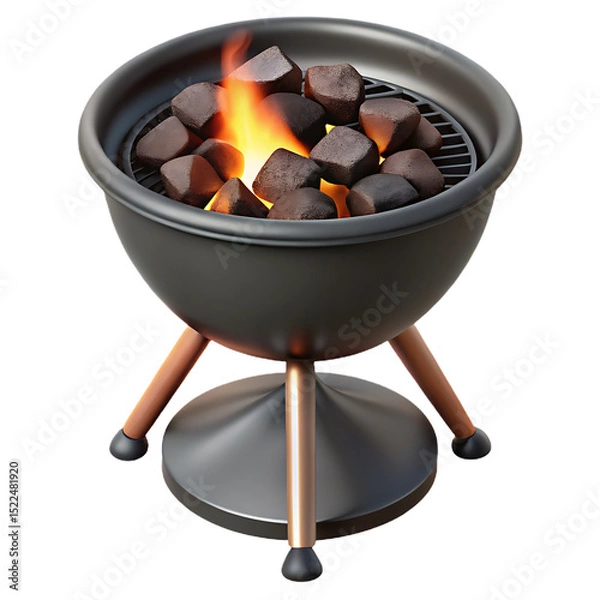 Obraz 3D Charcoal BBQ Grill with Burning Fire – Realistic Barbecue Illustration on Transparent Background