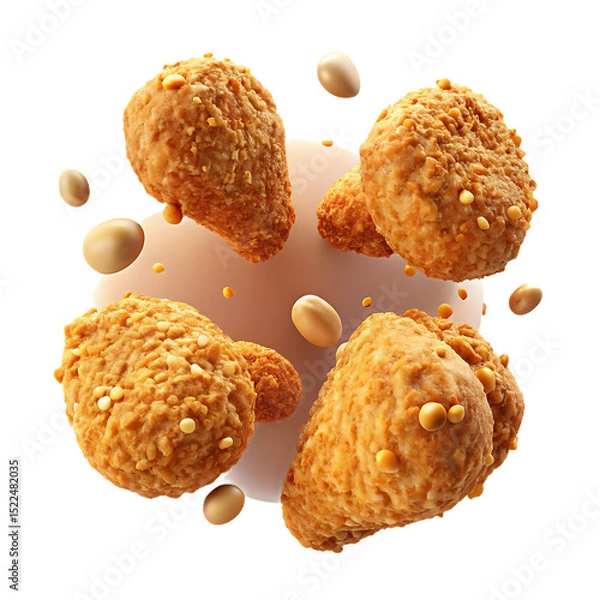 Obraz 3D Crispy Fried Chicken Pieces with Floating Crumbs – Realistic Fast Food Isolated on Transparent Background