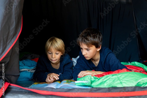 Obraz Children, siblings, enjoying a night in a tent in camping, laughing and reading books