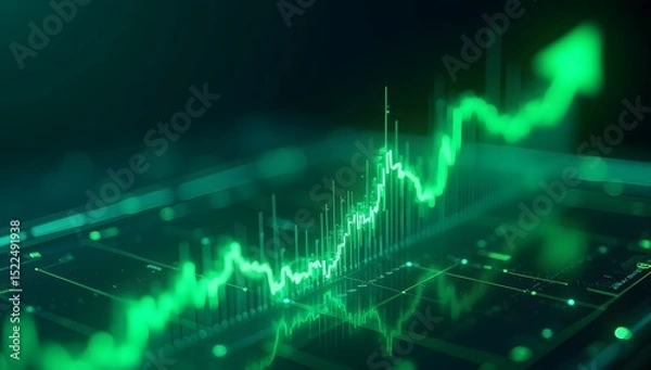 Obraz A dynamic, ultra-realistic digital composition symbolizing bull market growth, featuring green arrows, charts, and financial elements in a clean, futuristic style. AI-Generated.

