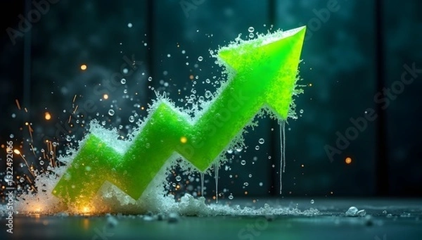 Obraz A dynamic, ultra-realistic digital composition symbolizing bull market growth, featuring green arrows, charts, and financial elements in a clean, futuristic style. AI-Generated.

