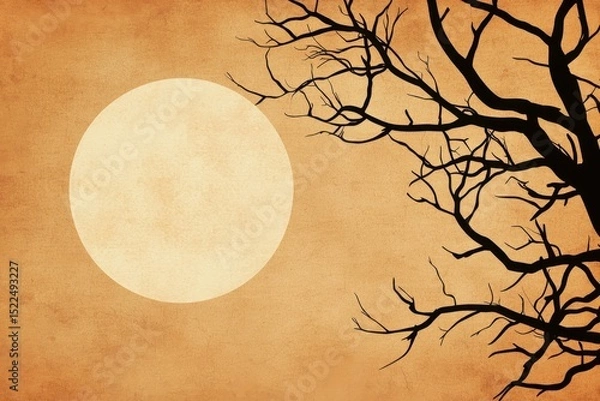 Fototapeta Bare Tree Silhouette Against a Large Pale Yellow Sun on Tan Textured Background
