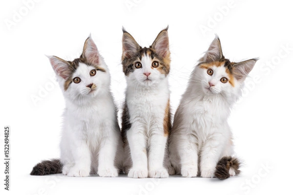 Obraz Three Maine Coon cat kittens sitting beside eachother on a row. Looking towards camera. Isolated on a white background.