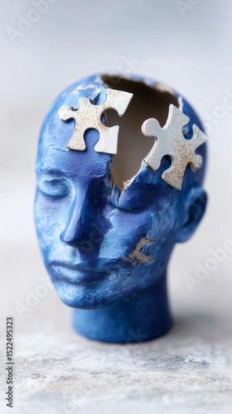 Fototapeta Broken split head with puzzle pieces needed to mend the cracked mind symbolizing mental health issues