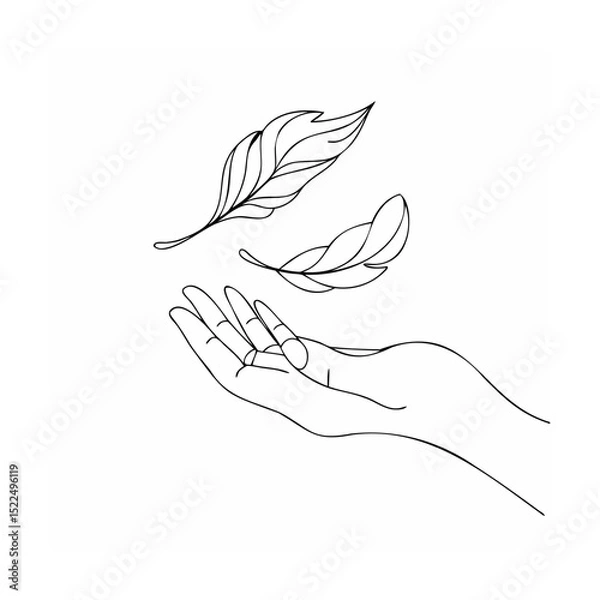 Fototapeta Delicate hand reaching for floating leaves elegant line art simple black and white design
