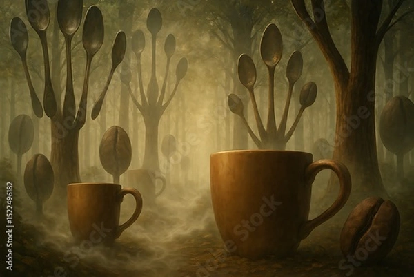 Obraz Sunlit Forest with Coffee Mug Generative AI