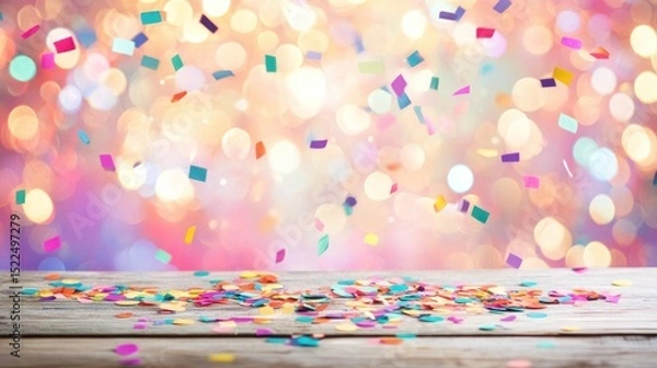 Fototapeta Colorful confetti falls onto a wooden surface.