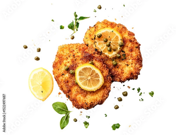 Fototapeta Two crispy breaded chicken parmesan cutlets with lemon slices, capers, and herbs, transparent background