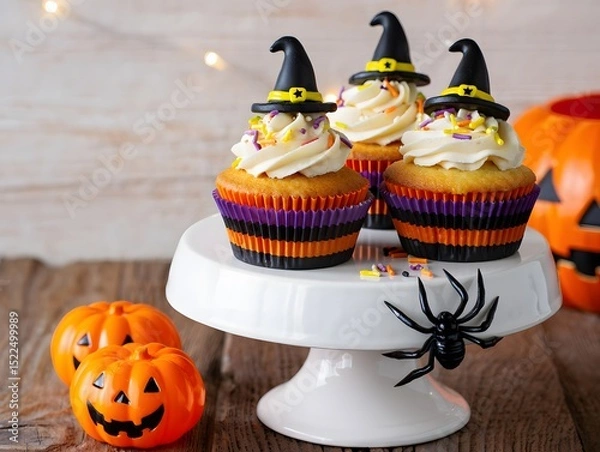 Obraz Delicious halloween witch cupcakes with festive sprinkles and decorative pumpkin decorations