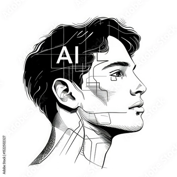Fototapeta Black and white sketch of a young man with short dark hair. The design includes geometric patterns and the letters 'AI' integrated into the profile.
