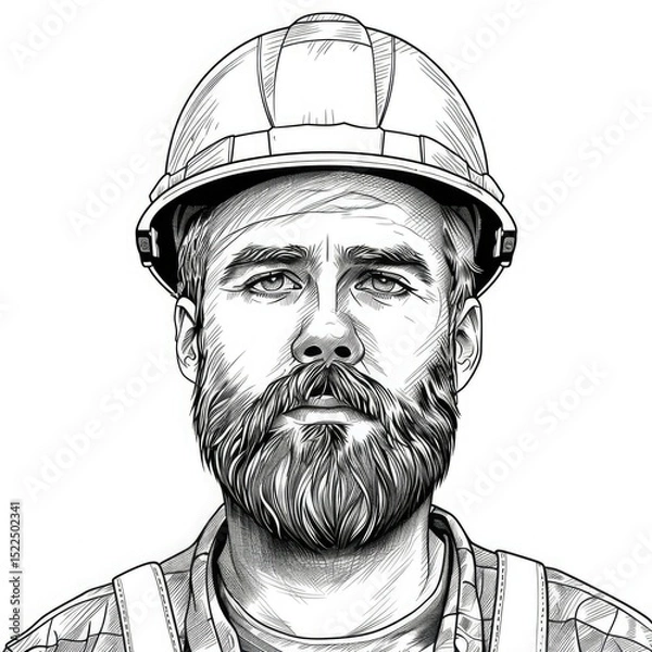 Fototapeta Black and white sketch of a bearded Caucasian man wearing a hard hat. He has short hair and a serious expression, dressed in a checkered shirt.
