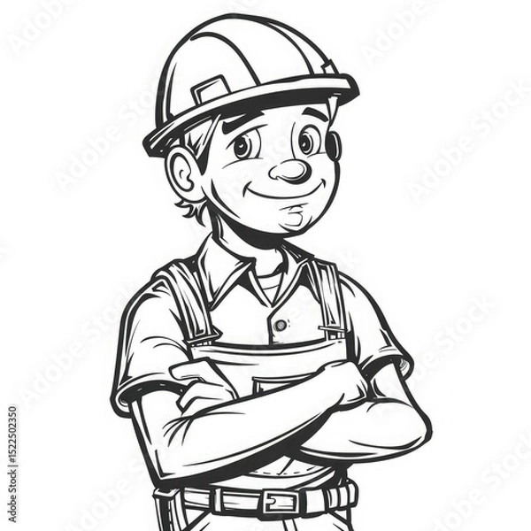 Fototapeta A simple black and white sketch of a young construction worker in a helmet and overalls, smiling with his arms crossed. The drawing emphasizes the construction theme.