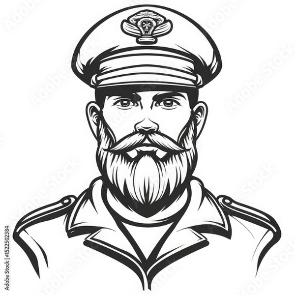 Fototapeta Black and white sketch of a bearded captain man in uniform and cap. He has a strong jawline and a serious expression that represents authority and leadership