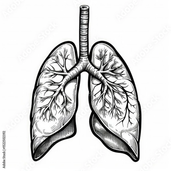 Fototapeta Black and white sketch of human lungs. The drawing shows detailed bronchial structures and alveoli, emphasizing the respiratory system's anatomy.