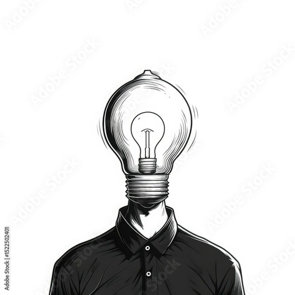 Fototapeta Simple black and white sketch of a man with a light bulb instead of a head. Concept of idea, startup, thinking, innovation