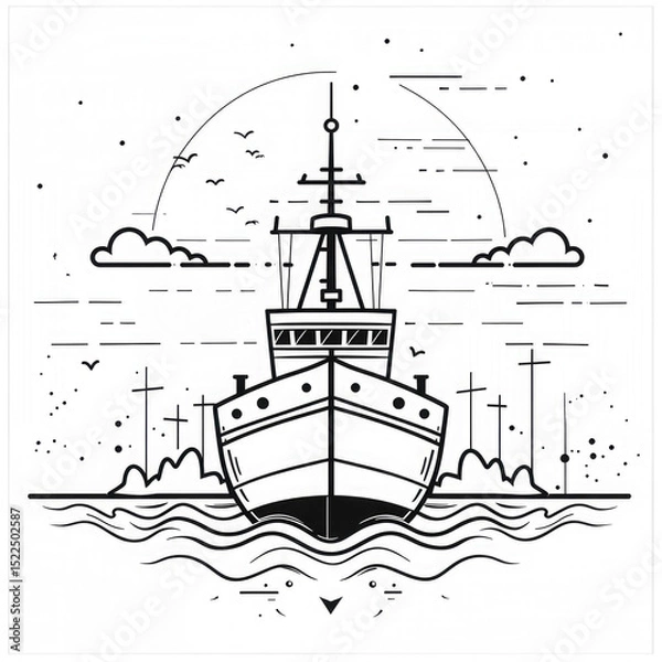 Fototapeta Black and white sketch of a fishing boat on water. The boat is detailed with lines and shapes. Clouds and birds are illustrated in the background.