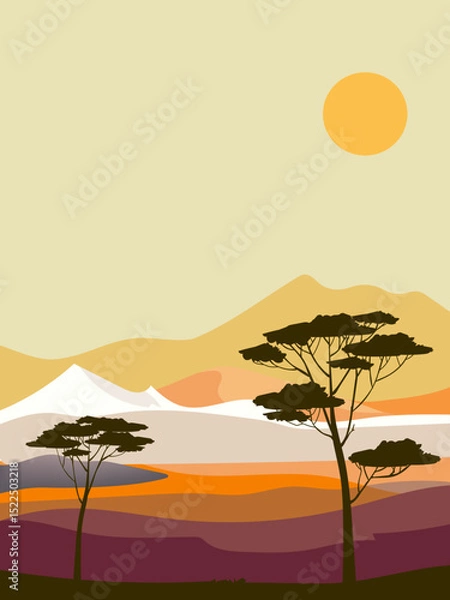 Fototapeta Landscape scene with mountain peaks, hill, lake vector illustration background.