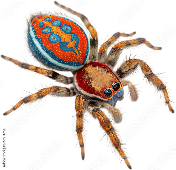 Fototapeta Iridescent Peacock spider showcasing dynamic courtship pose, sharp geometry, precise modeling. 