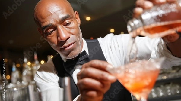 Fototapeta Bartender skillfully mixing cocktails in a vibrant bar setting during an evening shift