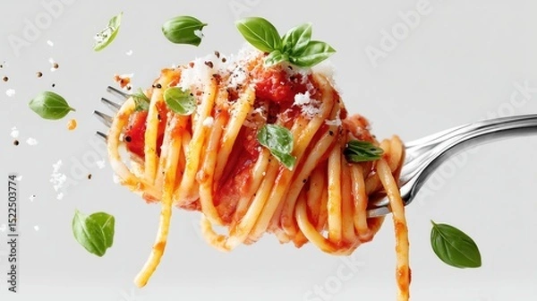 Fototapeta Spaghetti with tomato sauce and basil flying through the air on a fork