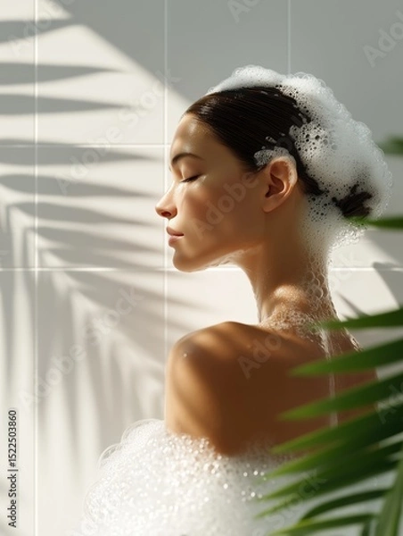 Fototapeta Woman enjoying a serene bubble bath surrounded by lush greenery and soft light