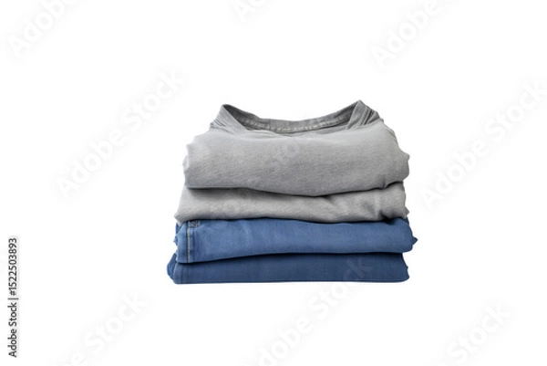 Fototapeta Neatly folded stack of grey t-shirts and blue jeans, ready for storage. background removed