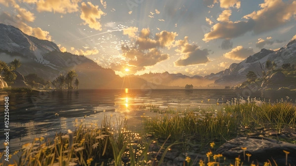 Obraz A tranquil lakeside view at sunset, with golden sunlight streaming through scattered clouds and casting a warm glow on the still waters, surrounded by rugged mountains.
