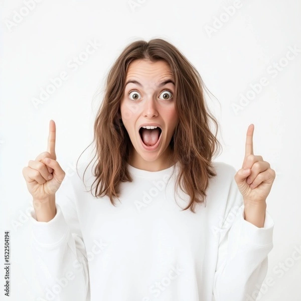 Fototapeta Young woman expresses excitement with surprise and joy while pointing in a bright space