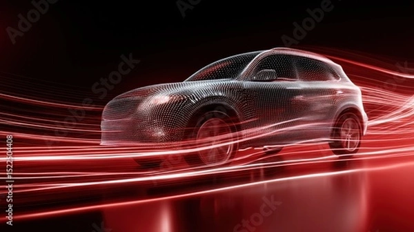 Fototapeta SUV car with smooth body design illuminated by dynamic lights in a modern setting at dusk