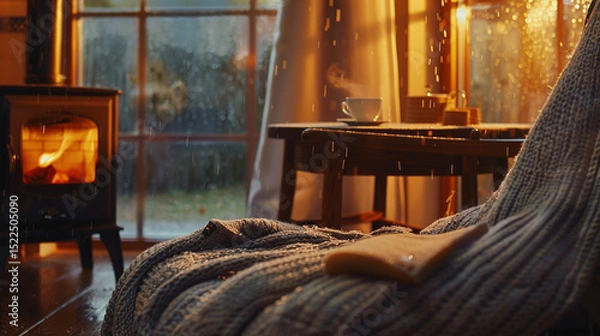 Obraz A tranquil living room scene with a cup of tea on a coffee table, raindrops racing down the window, and a soft blanket draped over a chair beside the warm fireplace.
