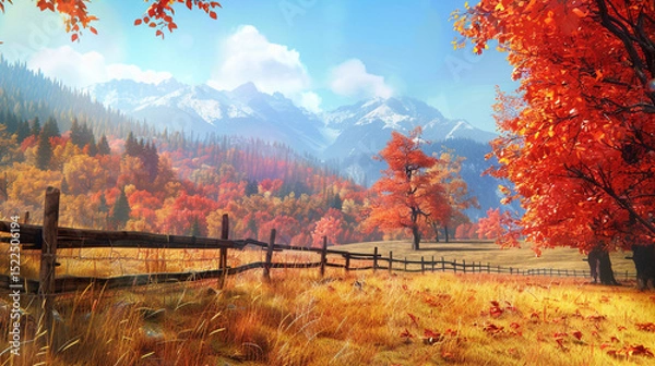 Obraz A vast autumn meadow with patches of fiery red and orange trees, a rustic wooden fence running along the edge, and distant mountains under a clear sky.