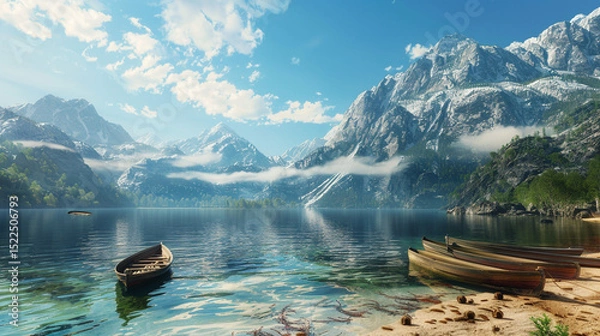 Obraz A vast, clear mountain lake with a sandy shoreline, small wooden boats docked by the edge, and snow-capped peaks towering in the distance under a bright sky.